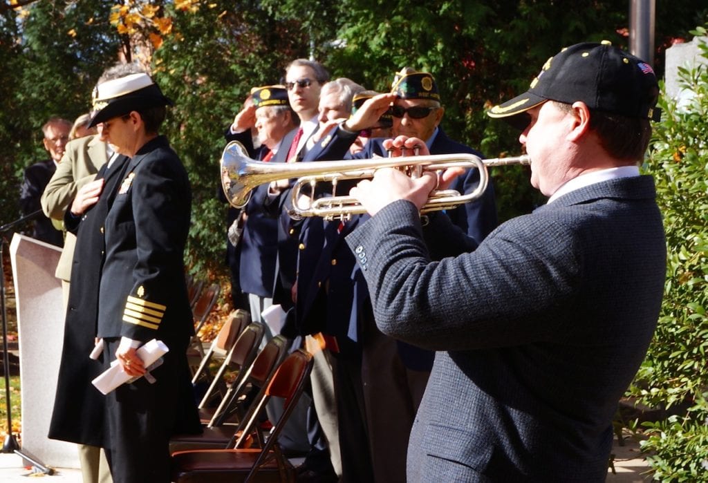 Peter Roe of the American Legion Hayes-Velhage Post 96 sounds Taps. Veterans Day, West Hartford, Nov. 11, 2016. Photo credit: Ronni Newton