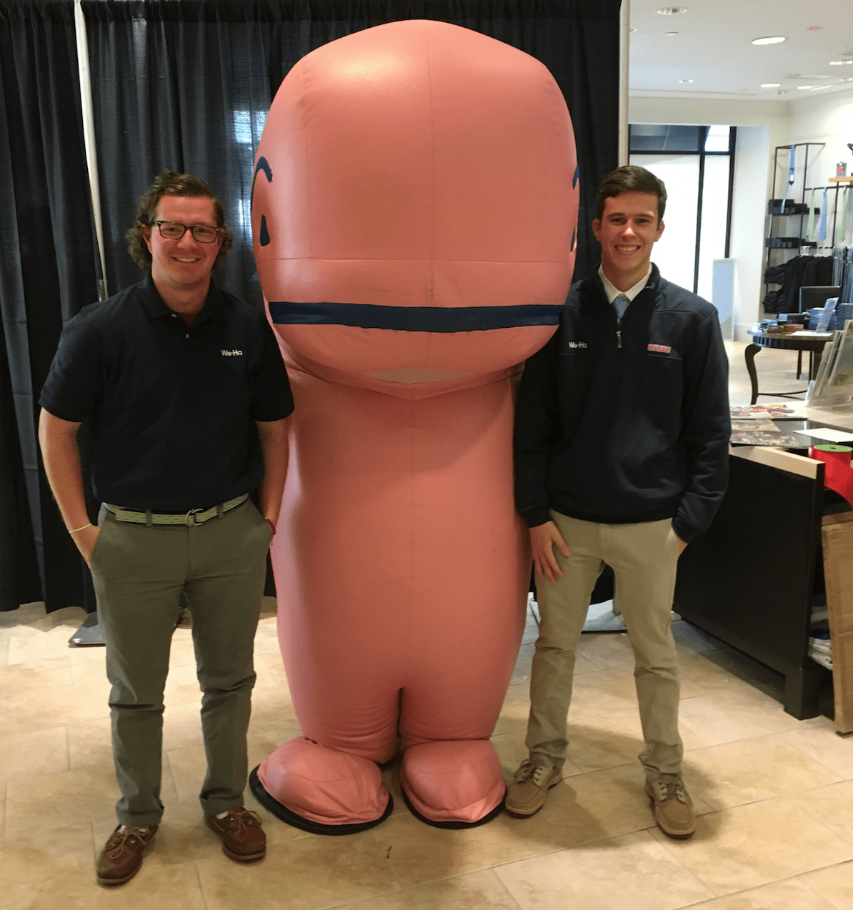 Daniel Lemieux and Dylan Carneiro take a break from working at the We-Ha Pop-Up store to pose with the Vineyard Vines Whale Mascot. Photo credit: Joy Taylor
