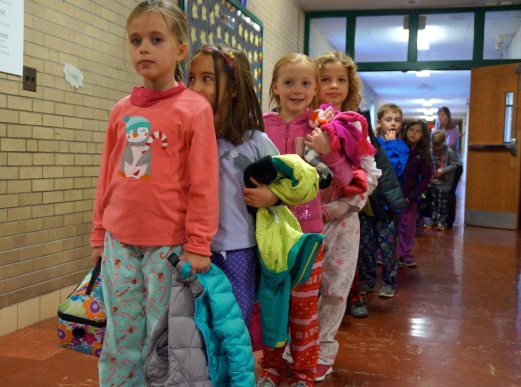 Duffy second graders line up in the hallway on the way back from recess. Photo credit: Ronni Newton