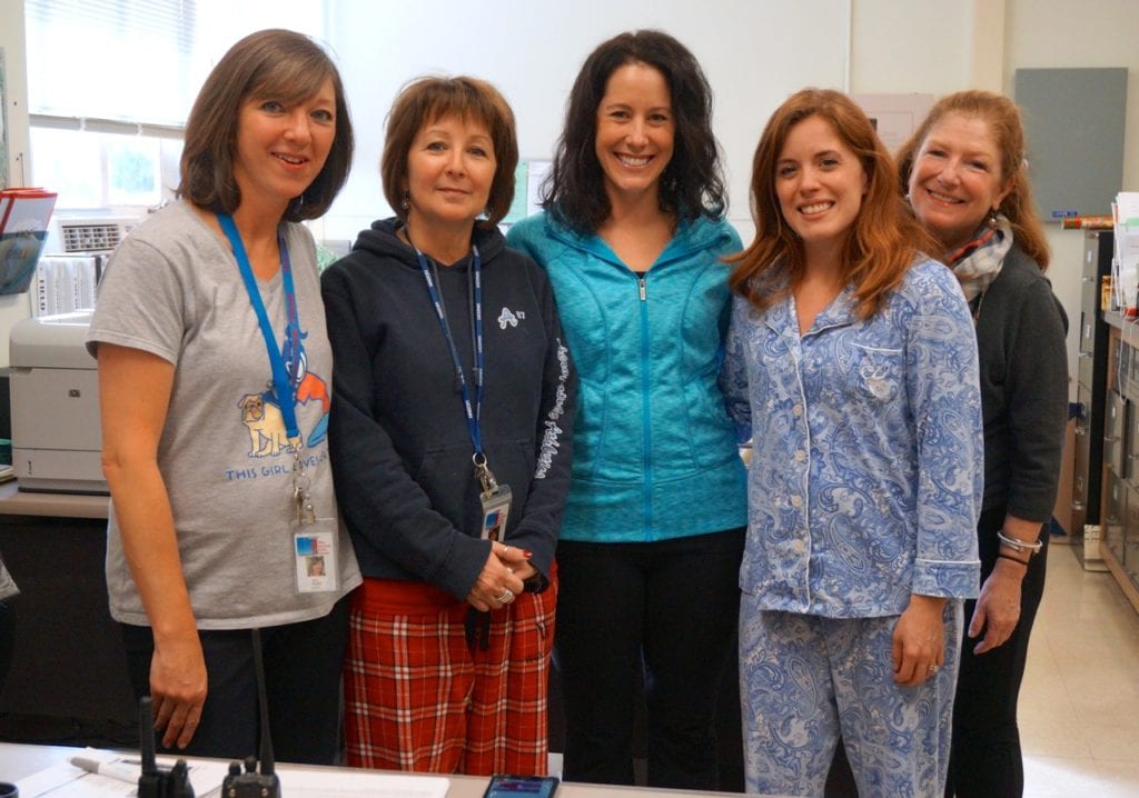 Duffy teachers and staff pose in their pjs. Photo credit: Ronni Newton