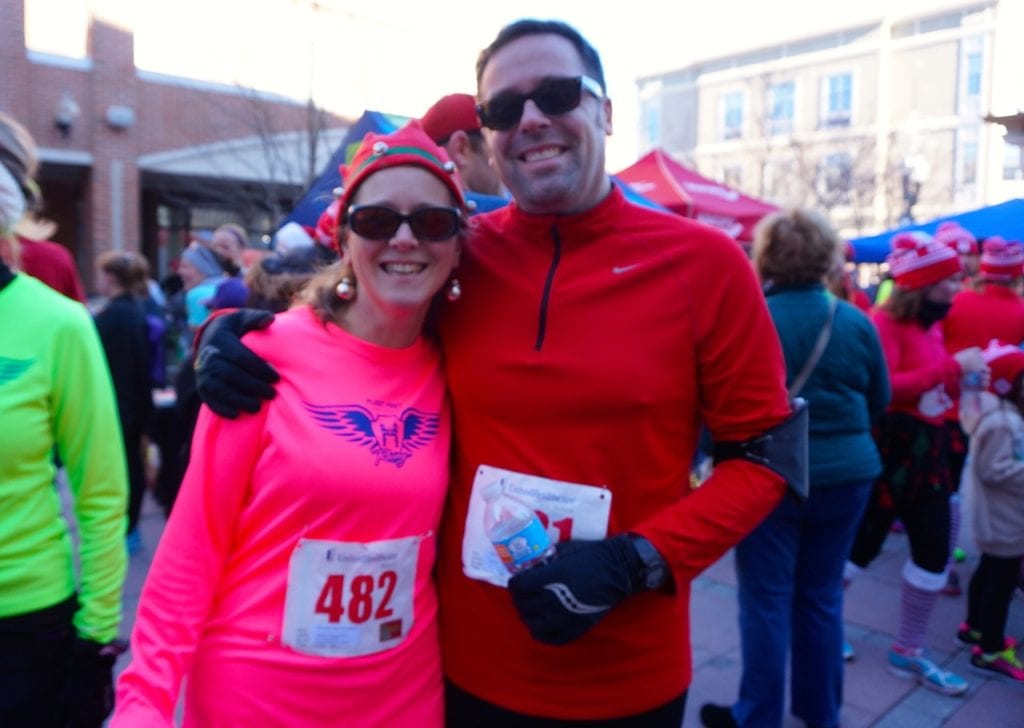 Heather and Rich Ferguson-Hull. Heather coached some Fleet Feet runners through the race. HMF Blue Back Mitten Run, West Hartford, Dec. 4, 2016. Photo credit: Ronni Newton