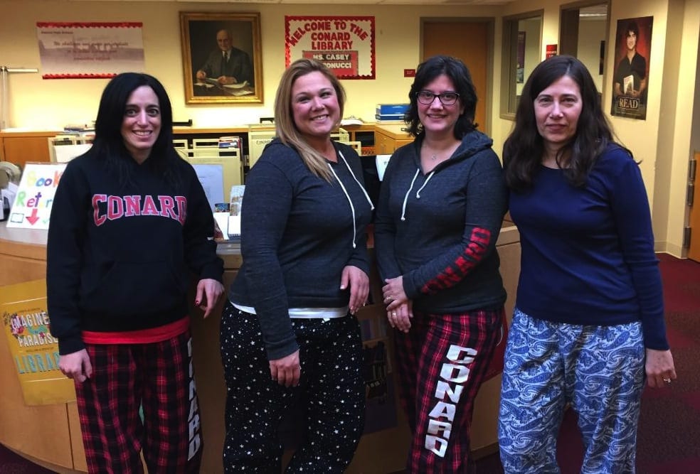 Conard staff wear pajamas as part of the PJ Day for the Kids fundraiser. From left: Rachel Tonucci, Kelly Casey, Kim Deep-McNamara, and Angeles Kelly. Submitted photo