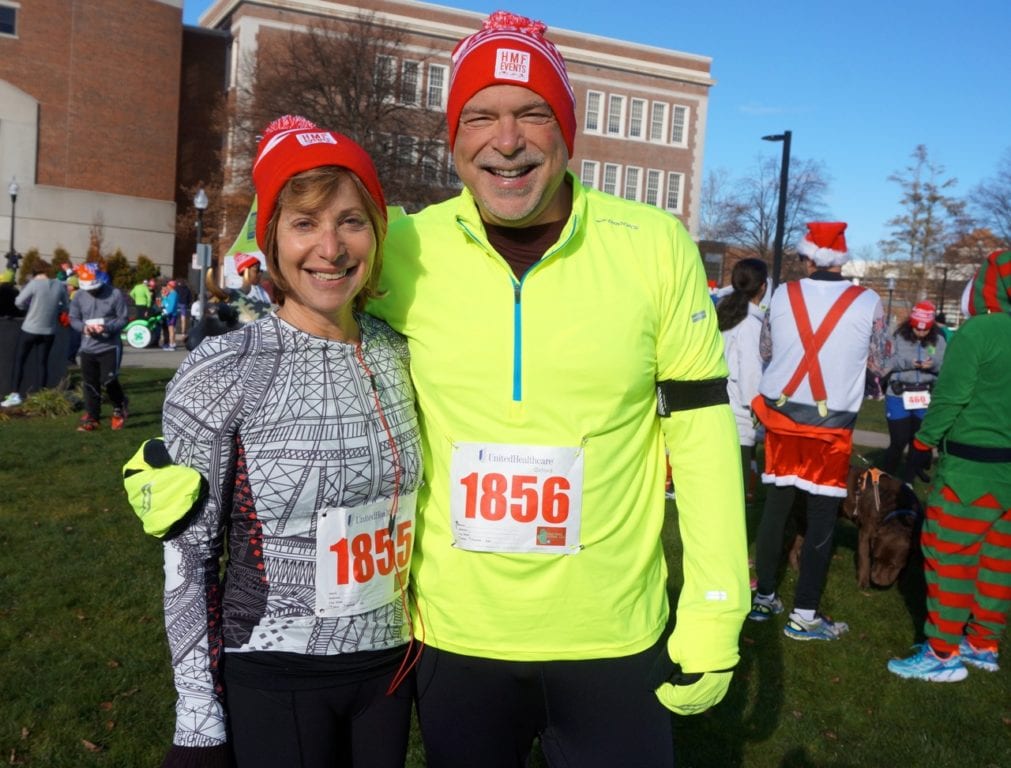 West Hartford Mayor Shari Cantor and her husband Michael were ready for the run. HMF Blue Back Mitten Run, West Hartford, Dec. 4, 2016. Photo credit: Ronni Newton