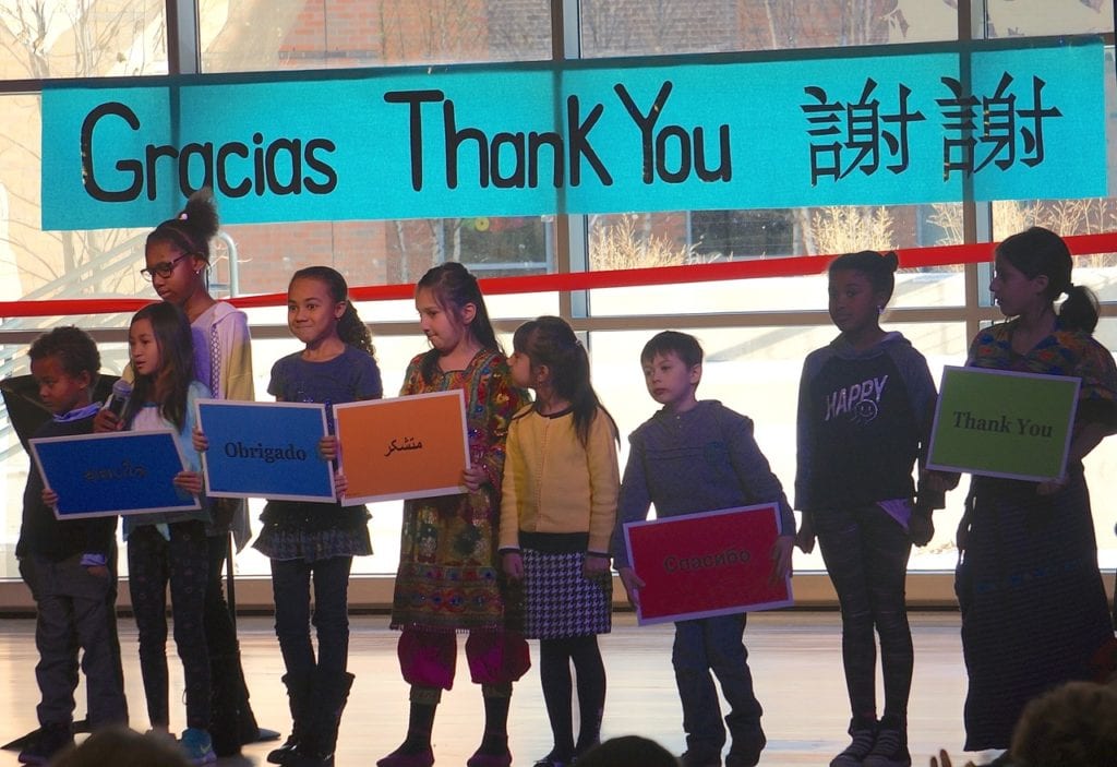 Students say "Thank You" in many of the languages represented by the Charter Oak International Academy community. Photo credit: Ronni Newton