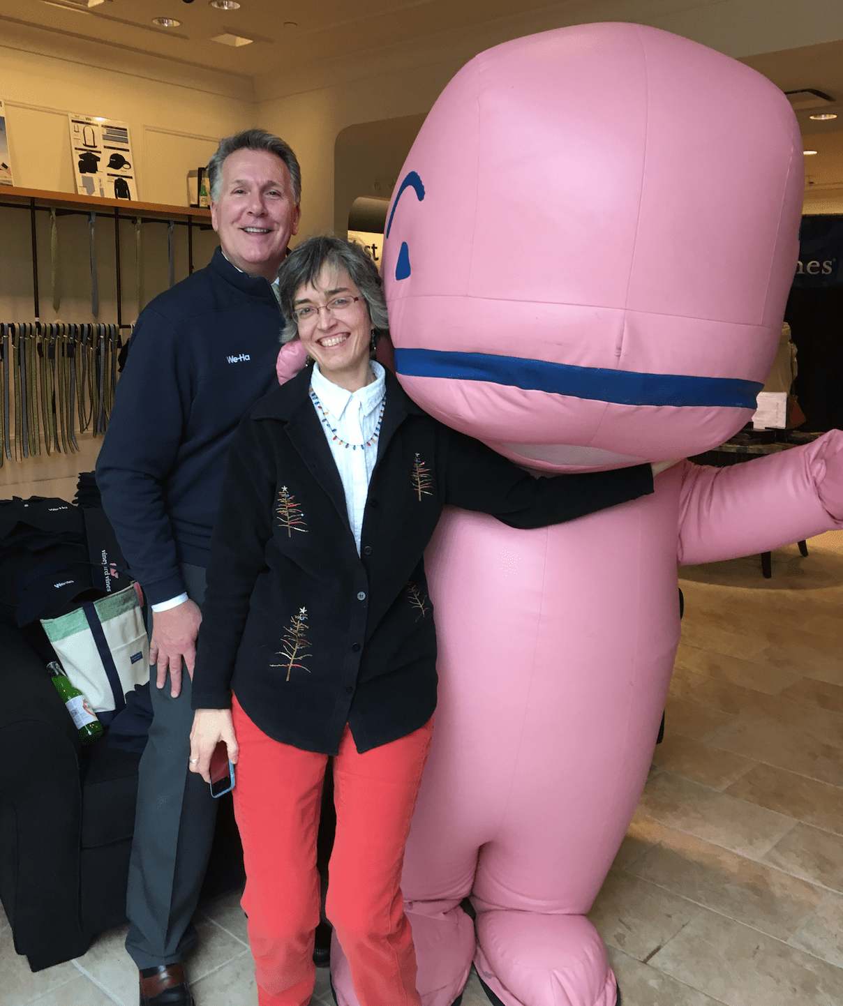 Tom Hickey and Joy Taylor of West Hartford Magazine with the Vineyard Vines Whale Mascot at the We-Ha Pop-Up Store in Blue Back Square. Photo credit: Joy Taylor