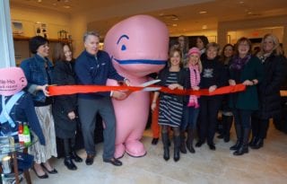 Ribbon cutting at the We-Ha Pop-Up is presided over by the Vineyard Vines whale mascot. Also present is Mayor Shari Cantor, representatives of We-Ha.com, WH Media, West Hartford Magazine, Eat In Connecticut the West Hartford Chamber of Commerce, Blue Back Square, The Bridge Family Center, and the Ron Foley Foundation. 