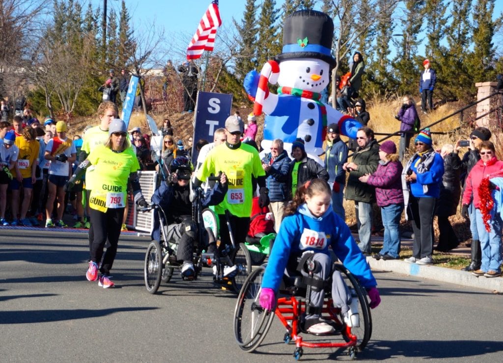 Wheelchair athletes got a 30-second head start. HMF Blue Back Mitten Run, West Hartford, Dec. 4, 2016. Photo credit: Ronni Newton