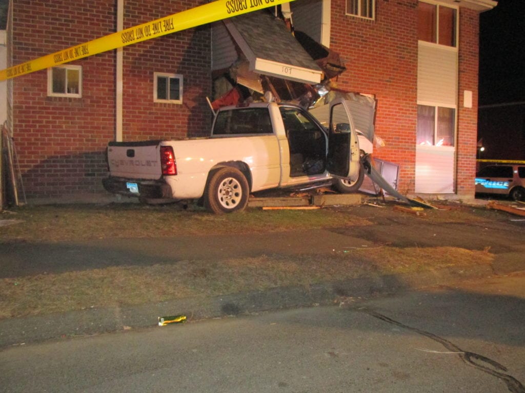The driver of a Chevy Silverado crashed into an apartment building in West Hartford. Photo courtesy of West Hartford Police