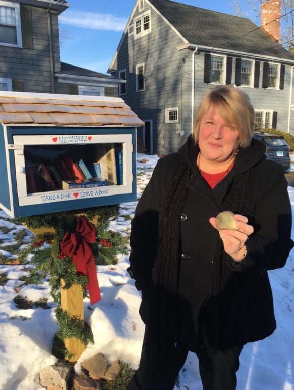 Hannah Bywater hid her rock, which said "be courageous," in the Little Free Library in front of their home where it was found by a neighbor who was about to have surgery. Photo courtesy of Bryan Bywater