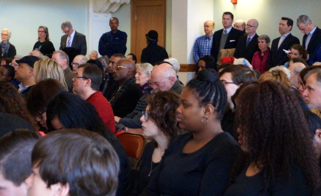 The standing-room-only crowd at West Hartford's Martin Luther King Day celebration included state and local officials. Photo credit: Ronni Newton