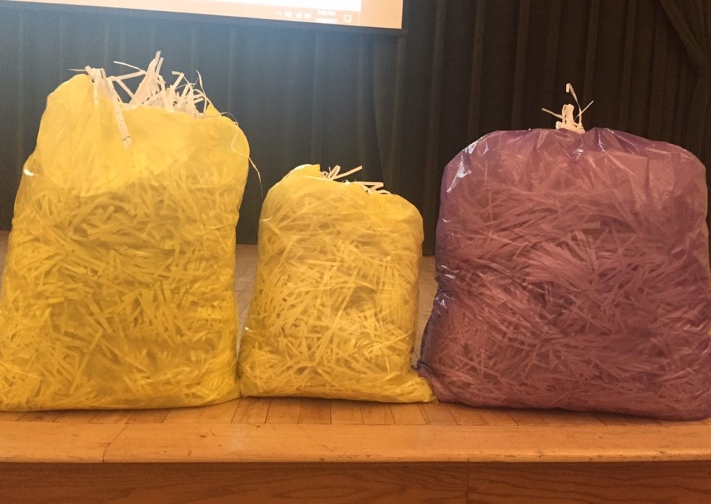 Examples of different sizes (13-, 8-, and 30-gallon) of municipal waste bags were on display at West Hartford Town Hall. Photo credit: Ronni Newton