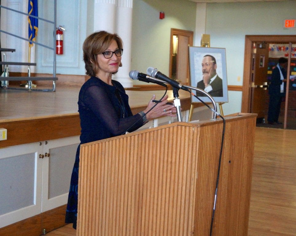 Mayor Shari Cantor welcomed the audience to West Hartford's Martin Luther King Day celebration. Photo credit: Ronni Newton