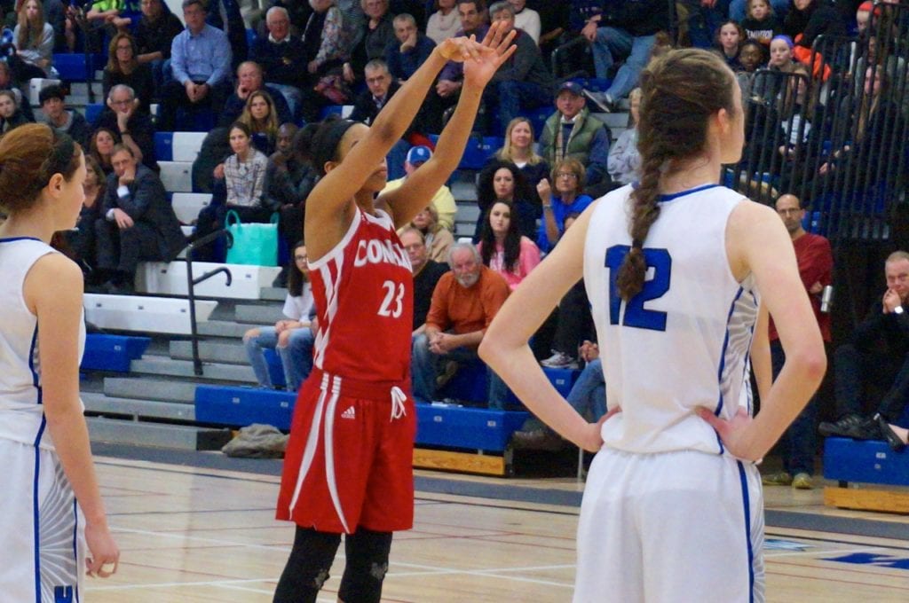 Tatiana St. Juste made her final two free throws to secure the 56-50 win for Conard. Hall vs, Conard Girls Basketball. Jan, 20, 2017. Photo credit: Ronni Newton