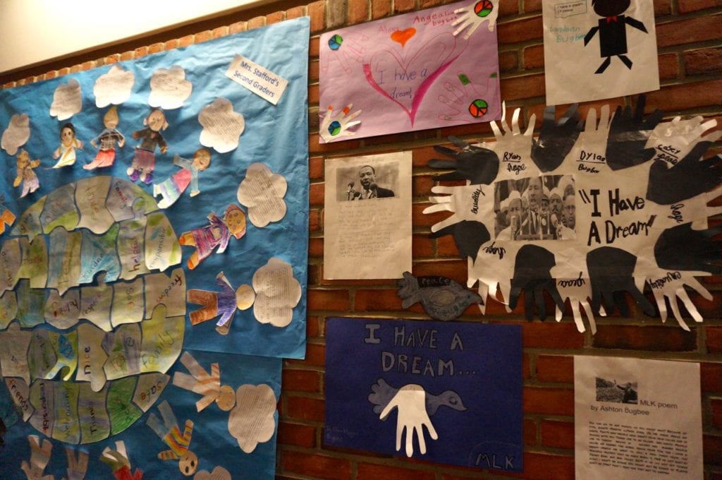 Student artwork fills the halls of West Hartford Town Hall on Martin Luther King Day. Photo credit: Ronni Newton