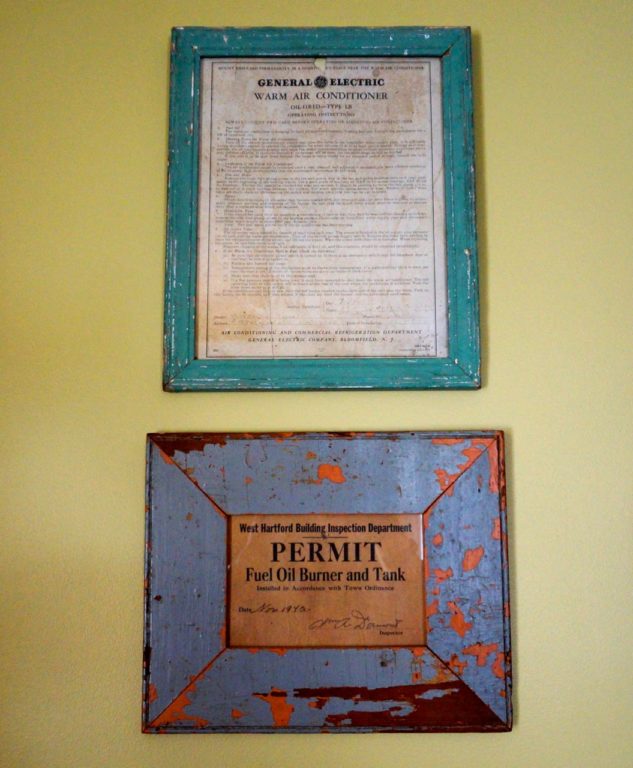 The dining room contains the history of Jim Healy's home, including the original permit for installation of the oil burner. Photo credit: Ronni Newton