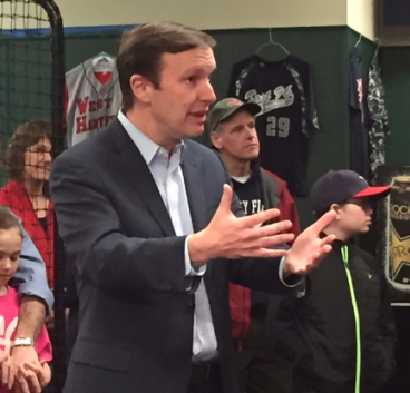 U.S. Sen. Chris Murphy at a send-off for the West Hartford baseball team that traveled to Holguin, Cuba in April 2016. Photo credit: Ronni Newton (we-ha.com file photo)