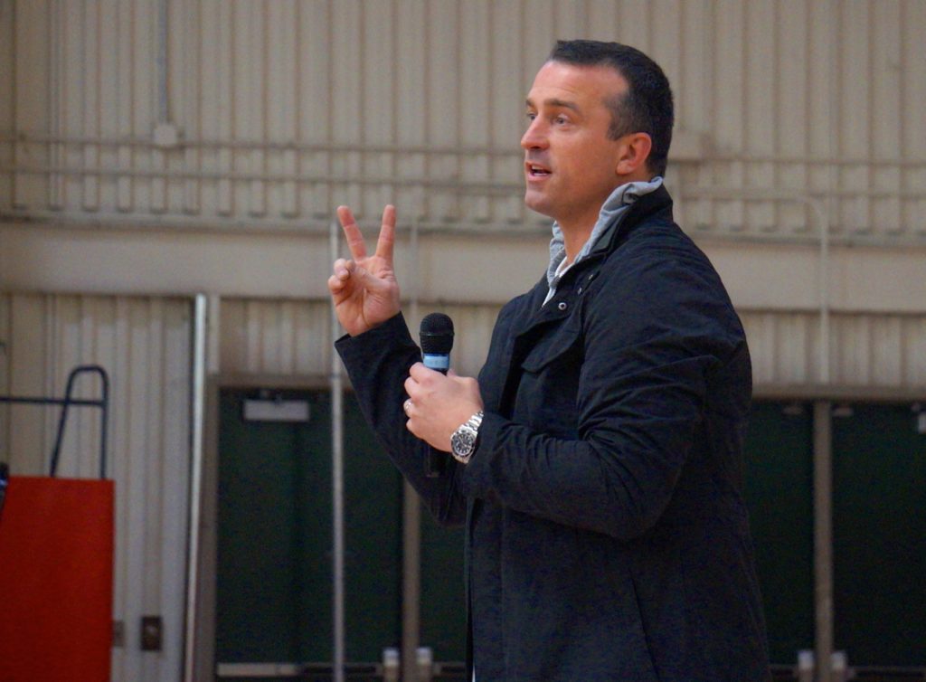 Basketball legend Chris Herren shares his story of addiction and recovery to West Hartford students on Feb. 14, 2017, but the real message he said is about self-esteem and self-worth. Photo credit: Ronni Newton
