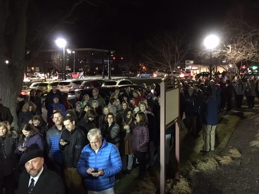 A crowd, estimated by Murphy at 1,000, outside West Hartford Town Hall was unable to get inside to hear the senator speak. Photo credit: Ted Newton