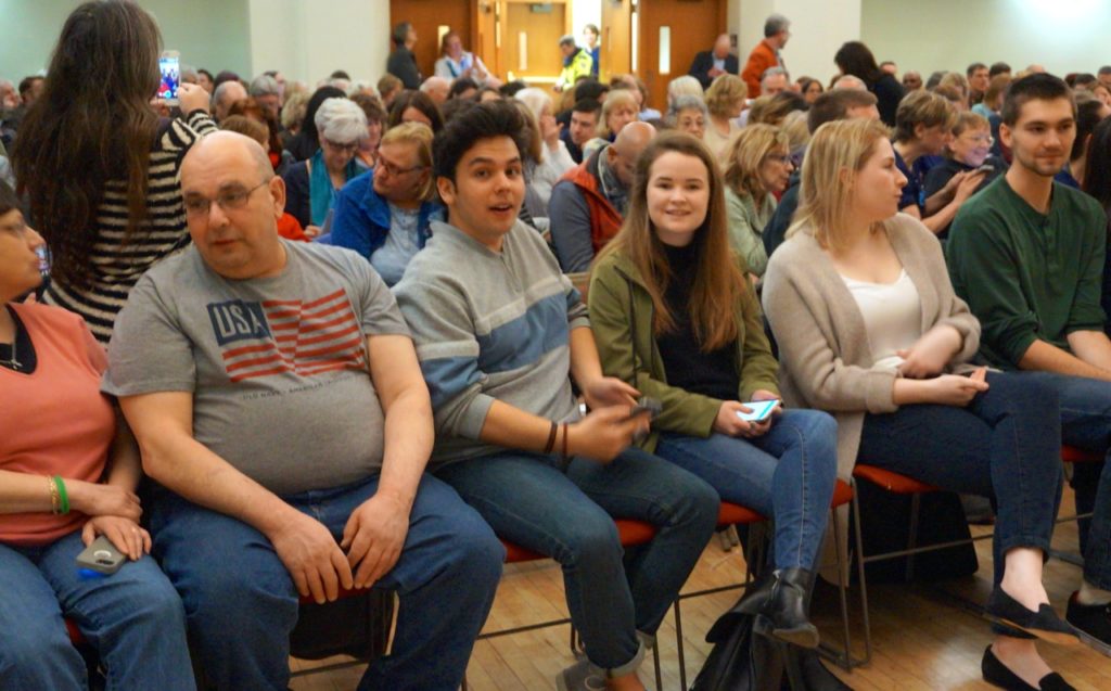 Conard senior Paige Pierce (third from right) was among those who came out to hear U.S. Sen. Chris Murphy at West Hartford Town Hall. Photo credit: Ronni Newton