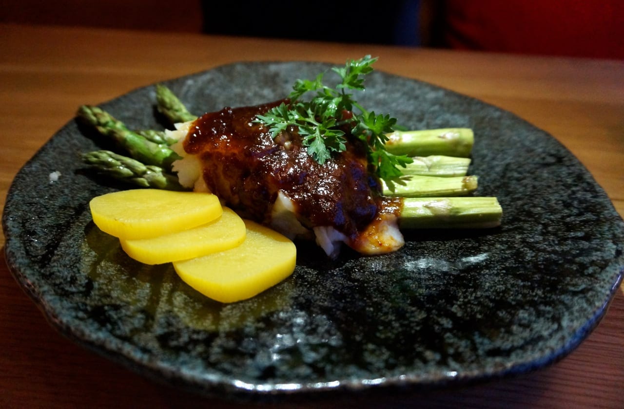 grilled sea bass and asparagus with home style lemongrass BBQ sauce