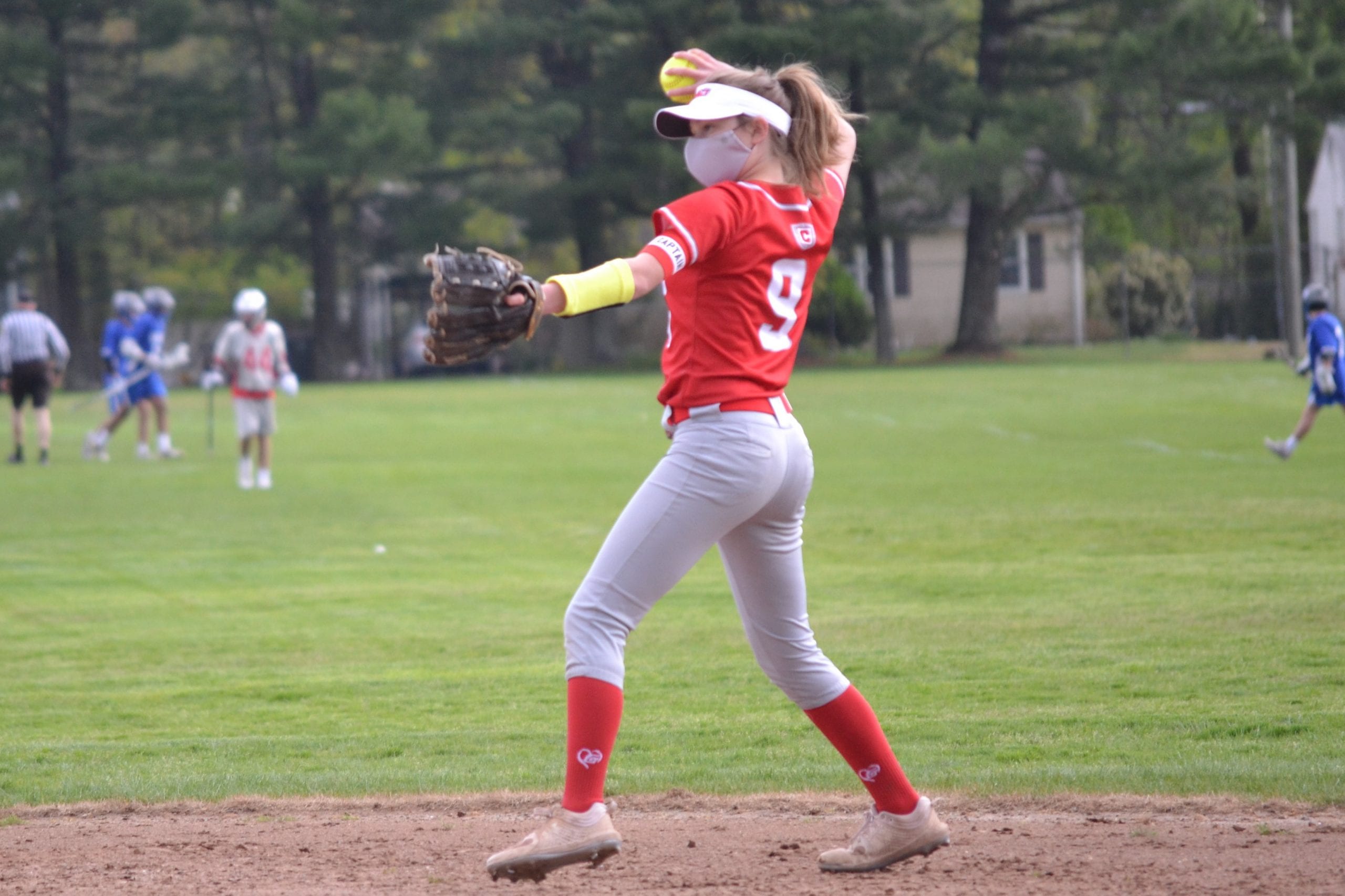 Conard’s Caorline Austin Checks The Runners After Cacthing A Pop-Up Against Bristol Central. The Chieftains Fell On Senior Day 7-3