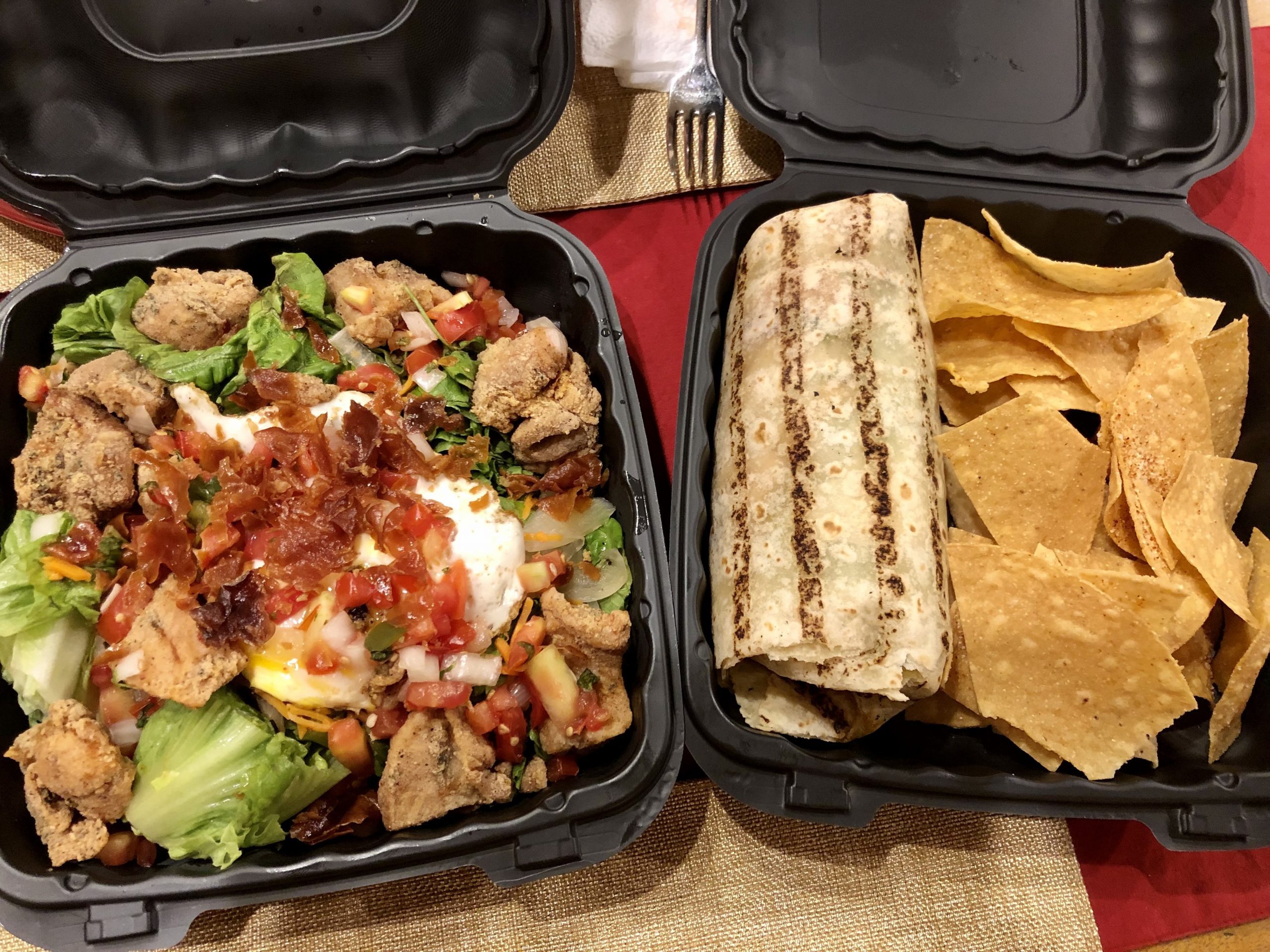 estrellas salad with chicken and atomic cauliflower burrito loco urban