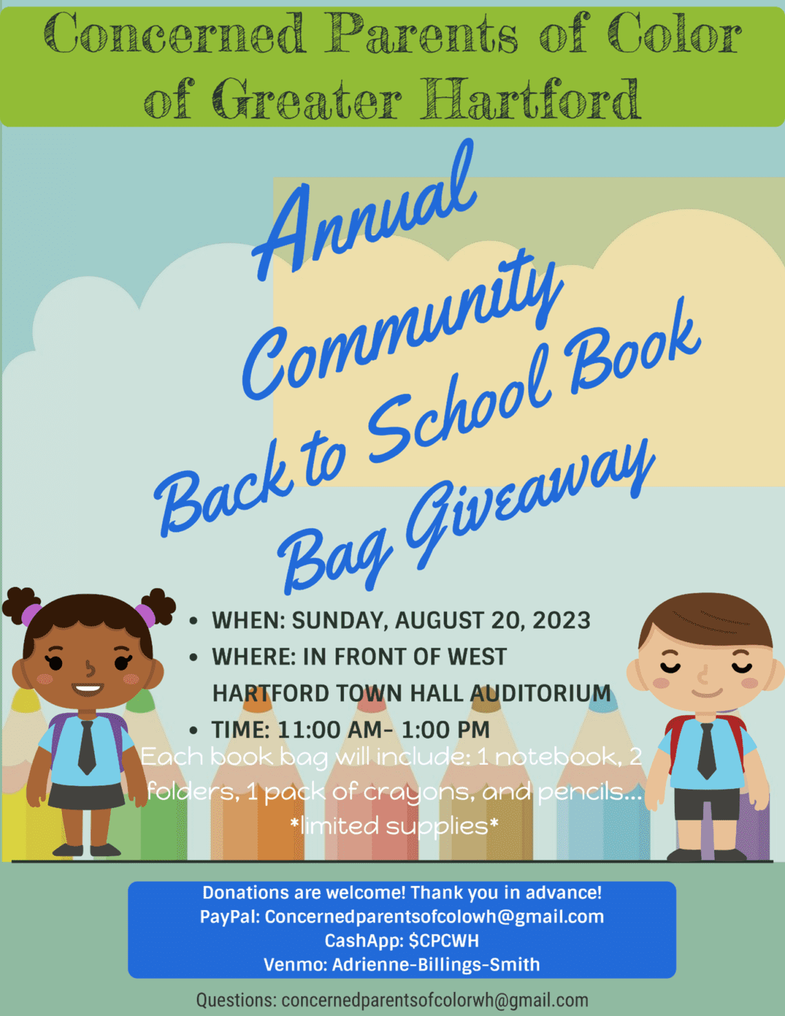 Concerned Parents of Color of West Hartford Holding Book Bag GiveAway